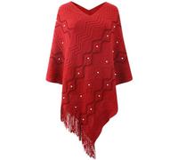 Rayson Women's Crochet Poncho with Fringe Pullover Coat, Elegant Cozy Wrap, Striped Wrap Cape, Red