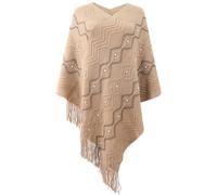 Rayson Womens Crochet Poncho with Fringe Pullover Coat Elegant Cozy Wrap Sweater Striped Wrap Cape, Khaki