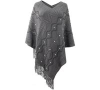 Rayson Womens Crochet Poncho with Fringe Pullover Poncho Coat Beads Elegant Cozy Wrap Poncho Sweater Striped Wrap Poncho Cape,Grey