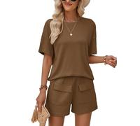 Rayson Women's Summer Two-Piece Outfits Casual Simple Short Sleeve Top and Shorts Set Elegant Leisure Suit Streetwear, brown, L