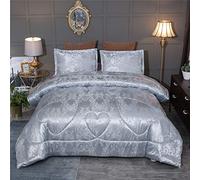 Raytrue-X Satin Silky Comforter Sets Luxury Bedding Sets Soft Microfiber European Style Quilt Bedding Collection Queen Size Gold Gray Blue (Gray, Queen 88-by-88 inches)