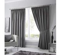 RAYYAN LINEN Pencil Pleat Blackout Curtains Pair with Free Tiebacks, Tape Top Thermal Insulated Blackout Curtains (Charcoal Grey, Width 46" X Drop 72")