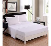 RAYYAN LINEN PERCALE POLY-COTTON PLAIN DYED 3PCs FITTED BED SHEET + PILLOWCASES SINGLE 4FT SMALL DOUBLE KING SUPER KING SIZE (DOUBLE, WHITE)