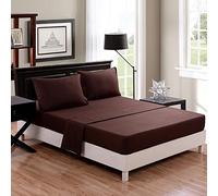 RAYYAN LINEN PERCALE POLY-COTTON PLAIN DYED 3PCs FITTED BED SHEET + PILLOWCASES SINGLE 4FT SMALL DOUBLE KING SUPER KING SIZE (SINGLE, CHOCOLATE/BROWN)