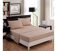 RAYYAN LINEN PERCALE POLY-COTTON PLAIN DYED 3PCs FITTED BED SHEET + PILLOWCASES SINGLE 4FT SMALL DOUBLE KING SUPER KING SIZE (KING, BEIGE/NATURAL)