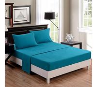 RAYYAN LINEN PERCALE POLY-COTTON PLAIN DYED 3PCs FITTED BED SHEET + PILLOWCASES SINGLE 4FT SMALL DOUBLE KING SUPER KING SIZE (KING, TEAL)