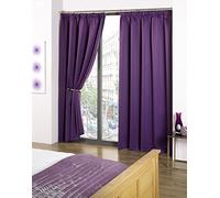 RAYYAN LINEN Thermal Pencil Pleat Blackout Tape Top Pair of Curtains With Free Tiebacks (90" X 90", Aubergine (Purple))