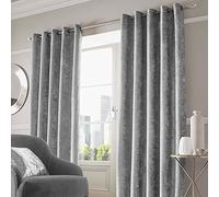 RayyanLinen Readymade Fancy Crushed Velvet Grey Silver Eyelet Ring Top Pair of Curtains Fully Lined Curtains [Width 66" X Drop 54"] - Two Panels of Curtain Right and Left