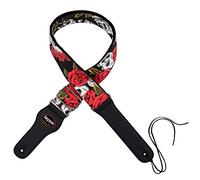 Rayzm Guitar Strap/Bass Strap, Cotton Belt for Acoustic/Electric/Bass Guitar with Plectrum Picks Pocket, Beautiful Rose with Cool Skull Pattern, 5cm Wide,Metal Buckle, Adjustable Length