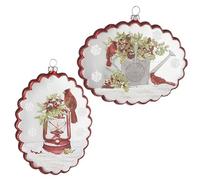 Raz Imports Assortment of 2 Glass Christmas Ornament 6-Inch, Countryside Cardinal Scalloped Disc with Glitter Trim, Holiday Hanging Tree Décor