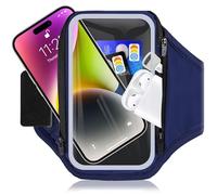 RAZOBWS Running Phone Holder with Foldable Elastic Strap, Phone Holder for Running with Earphone Bag, 6.9'' Armband Accessories for iPhone 16 15 14 13 12 Galaxy, Arm Band with Key Bag (Navy Blue)