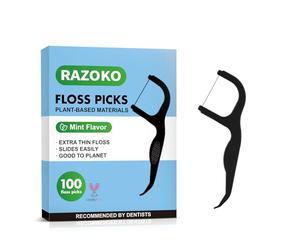 RAZOKO Biodegradable Dental Floss Picks, Charcoal Toothpick Stick Soft On Gum & Teeth, Plant Based Dental Floss Picks for Adults & Kids (100 Count)
