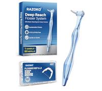 RAZOKO Deep Reach Dental Flosser System - 80 Refill Heads + 1 Reusable Long Handle,PFAS-Free & Shred-Resistant for Hard-to-Reach Areas,Blue