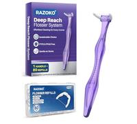 RAZOKO Deep Reach Dental Flosser System - 80 Refill Heads + 1 Reusable Long Handle,PFAS-Free & Shred-Resistant for Hard-to-Reach Areas,Purple