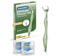 RAZOKO Flosser Kit, Shred-Resistant, Insert & Rotate 90° to 135° for Hard-to-Reach Areas, PTFE & PFAS Free, 1 Handle + 120 Refill Heads, Green