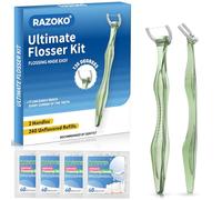 RAZOKO Flosser Kit, Shred-Resistant, Insert & Rotate 90° to 135° for Hard-to-Reach Areas, PTFE & PFAS Free, 2 Handles + 240 Refill Heads, Green