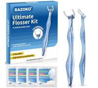 RAZOKO Flosser Kit, Shred-Resistant, Insert & Rotate 90° to 135° for Hard-to-Reach Areas, PTFE & PFAS Free, 2 Handles + 240 Refill Heads, Blue