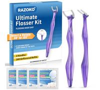 RAZOKO Flosser Kit, Shred-Resistant, Insert & Rotate 90° to 135° for Hard-to-Reach Areas, PTFE & PFAS Free, 2 Handles + 240 Refill Heads, Purple