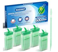 RAZOKO Interdental Toothpicks,Total 600 Count (5 Packs) Disposable Oral Pick,Food-Grade Plastic Interdental Cleaner with Portable Case for Travel & Home,Unflavored,Green