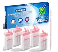 RAZOKO Interdental Toothpicks,Total 600 Count (5 Packs) Disposable Oral Pick,Food-Grade Plastic Interdental Cleaner with Portable Case for Travel & Home,Unflavored,Pink