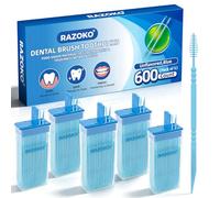 RAZOKO Interdental Toothpicks,Total 600 Count (5 Packs) Disposable Oral Pick,Food-Grade Plastic Interdental Cleaner with Portable Case for Travel & Home,Unflavored,Blue