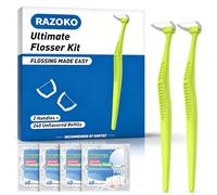 RAZOKO Reusable Dental Flosser Kit, Extra Strong Shred-Resistant Floss, for Hard to Reach Areas, PTFE & PFAS Free, 2 Handles + 240 Refill Heads, Green