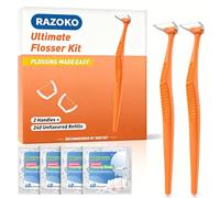 RAZOKO Reusable Dental Flosser Kit, Extra Strong Shred-Resistant Floss, for Hard to Reach Areas, PTFE & PFAS Free, 2 Handles + 240 Refill Heads, Orange