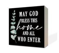 Razpah Christian Wooden Box Sign, 4.9x4.9x1.2 inches, Religious Desk Decor, May God Bless This Home And All Who Enter