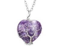 RAZZUM Natural Crystal Stone Necklace Amethyst Heart Shaped Love Wrap Wire Tree of Life Necklace for Women Girl e/Purple/53cm