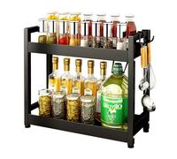RBDDBR Spice Rack Organiser Free Standing 2 Tier Tier Large Capacity Seasoning Organizer Rack with 30 KG Load Capacity Stainless Steel Countertop Organiser for Kitchen Cupboard Pantry (Black)