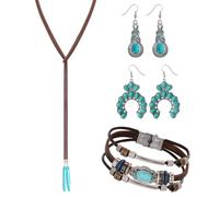 Rbenxia 4 PCS Western Turquoise Set With Necklace, Dangle Earrings, Stackable Bangle Bracelets Bohemian Turquoise Jewelry for Women Anniversary Birthday Friendship Gift
