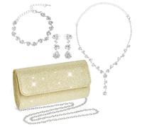 Rbenxia 4 Pieces Women Evening Rhinestone Jewelry Set Bling Glitter Clutch Purse Necklace Earrings Bracelets for Women Bride Wedding Evening Party, Standard, Rhinestone, Rhinestone