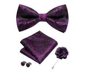 RBOCOTT Bowtie Dark Purple Paisley Pre-tied Bow Tie and Pocket square with Cufflinks Lapel Pin Sets for Men 4PCS(10)