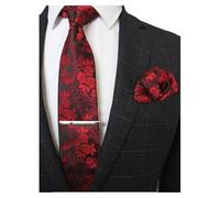 RBOCOTT Red Floral Tie Necktie and Pocket Square Tie Clip Sets for Men(1)