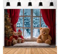 RBQOKJ 7x5ft Christmas Snow Landscapes Backdrop Xmas Window Red Curtains Photography Background Teddy Bear Decor Christmas Holiday Party Shoot Backdrops for Studio Prop