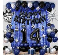 RBYOO 14th Birthday Decorations for Boys, Black Blue Happy 14th Birthday Balloons with Foil Number 14, Happy Birthday Banner, Fringe Curtains, Foil Balloons Party Supplies