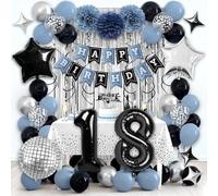 RBYOO Happy 18th Birthday Party Decorations for Boys Girls, Dusty Blue and Black Birthday Decorations with Happy Birthday Banner Number 18 Balloons Pom Poms Foil Balloons Curtain Décor Supplies
