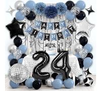 RBYOO Happy 24th Birthday Party Decorations for Boys Girls, Dusty Blue and Black Birthday Decorations with Happy Birthday Banner Number 24 Balloons Pom Poms Foil Balloons Curtain Décor Supplies