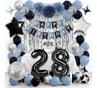 RBYOO Happy 28th Birthday Party Decorations for Boys Girls, Dusty Blue and Black Birthday Decorations with Happy Birthday Banner Number 28 Balloons Pom Poms Foil Balloons Curtain Décor Supplies