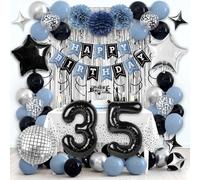 RBYOO Happy 35th Birthday Party Decorations for Boys Girls, Dusty Blue and Black Birthday Decorations with Happy Birthday Banner Number 35 Balloons Pom Poms Foil Balloons Curtain Décor Supplies