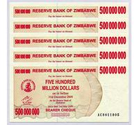 RBZ Collectibles Zimbabwe 500 Million Dollars x 5 pcs 2008 P60 consecutive UNC currency bills