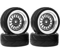 RC Car Tyres and Wheels Set, KINGCOO 4 Pieces 64 mm Rubber Tyres Plastic Coating Wheel 12 mm Hex for 1/10 RC On-Road Run-Flating Touring Racing Car (Black Silver)