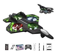 RC Fighter Jet, Foam Remote Control Fighter Jet Airplane with 360° Flips & LED Lights, 2 Speeds Adjustable RC Fighter Jet Planes Toy Gifts for Boys Kids Adults Beginners, Easy to Fly (Green)