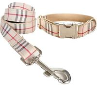 RC GearPro Nylon Adjustable Dog Collar Khaki Plaid Pattern Zinc Alloy Metal Easy to Use Buckle Dog Collar, Classic Pet Collar Leash Rope Set for Small Medium Large Dogs, Collar XS + Lead 110cm