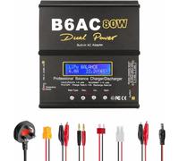RC LiPo Battery Balancer Charger 80W 6A AC DC Dual Input | LiPo/Li-Ion/LiFe (1-6S) NiMH/NiCd (1-15S) 2-20V PB Smart Battery Charger with XT60 T Plug Tamiya Crocodile Clip for Car Drone