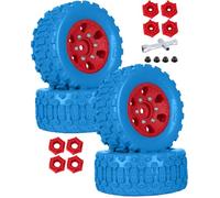RCarmumb RC 1/10 Short Course Tires with 12MM 14MM 17MM Hex Compatible with Arrm a Senton,Axia1,Slash 2WD/4×4 4WD,Red cat, RC 4WD,Heavy Duty High Grip Rubber Tires w/Plastic Wheels,Blue&Red