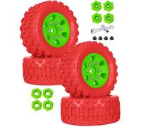 RCarmumb RC 1/10 Short Course Tires with 12MM 14MM 17MM Hex Compatible with Arrm a Senton,Axia1,Slash 2WD/4×4 4WD,Red cat, RC 4WD,Heavy Duty High Grip Rubber Tires w/Plastic Wheels,Red&Green