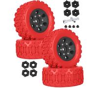 RCarmumb RC 1/10 Short Course Tires with 12MM 14MM 17MM Hex Compatible with Arrm a Senton,Axia1,Slash 2WD/4×4 4WD,Red cat, RC 4WD,Heavy Duty High Grip Rubber Tires w/Plastic Wheels,Red&Black