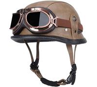 RCGNR German Style Leather Vintage Open Face Half Helmet Street Retro Motorcycle Helmet with Goggles, DOT Approved Moped Scooter Helmet for Men Women,Brown,M