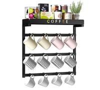 RCHYFEED Coffee Mug Holder Rack Wall Mounted, Adjustable 12 Hooks Reduce Mugs Collisions, Cup for Home Kitchen Display and Collection, Upper Basket Storage Shelf Pods Sugar Bags